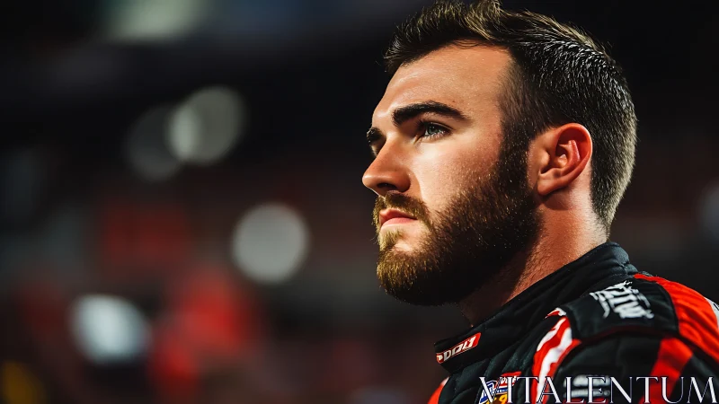 Portrait of focused racing driver in branded red suit.