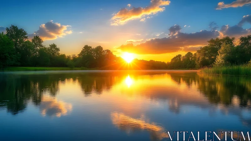 Sunset over calm forest lake with vivid sky reflection.