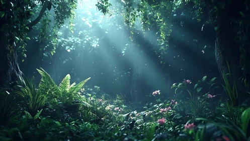 Lush Forest Glade with Magical Light Rays and Blooming Flowers