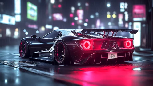 Neon rainstorm supercar stalks the slick midnight city streets.