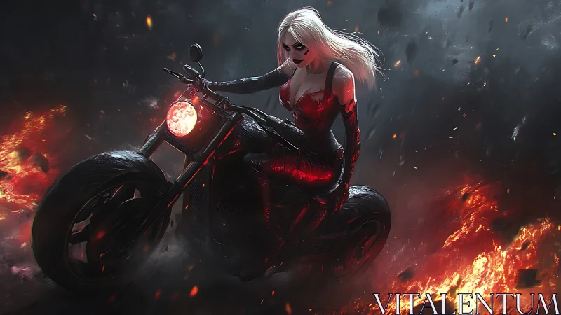 Fierce rider in red racing through blazing night streets.