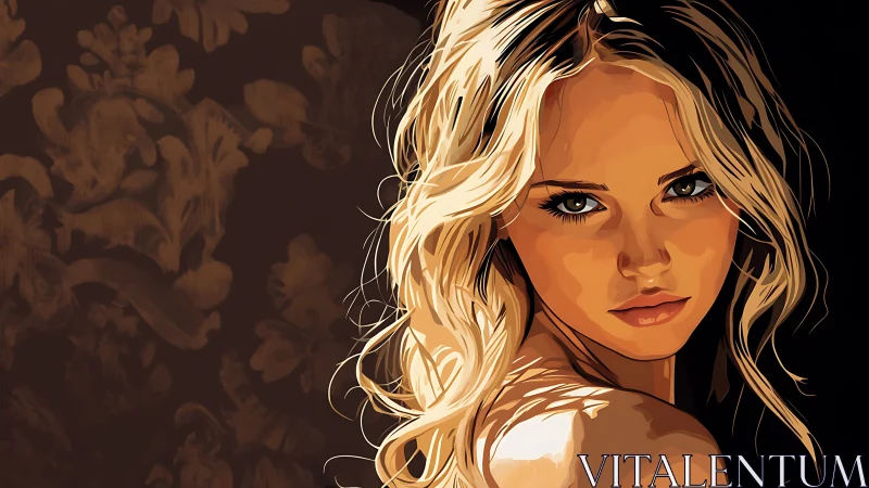 Digital portrait blonde woman on dark floral backdrop.