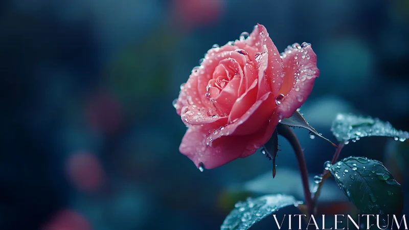 Velvet Rose Crowned in Dewdrops. Blossoms.