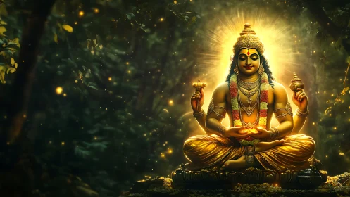 Golden four-armed deity statue sits glowing in dense forest