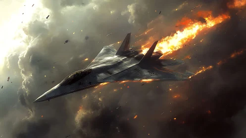 Military fighter jet in steep dive with full afterburner thrust