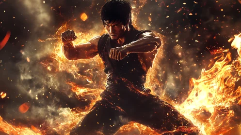 Martial artist unleashes fiery power in a blazing battlefield