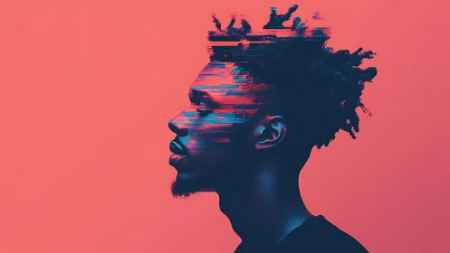 Glitched profile portrait in neon duotone cybernetic dissolution.