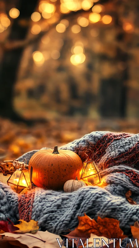 Cozy autumn pumpkin still life on knitted blanket at dusk.