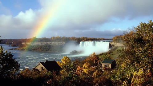 Rainbow drapes Niagara’s autumn cliffs in luminous mist