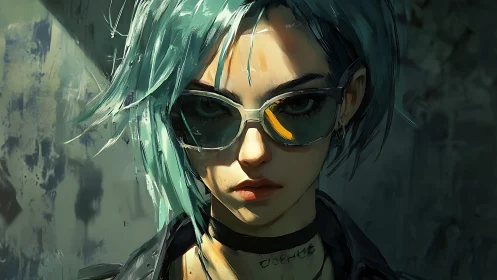 Defiant cyberpunk girl stares through neon-tinted sunglasses