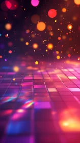 Neon tiles and drifting bokeh ignite a retro future dancefloor.