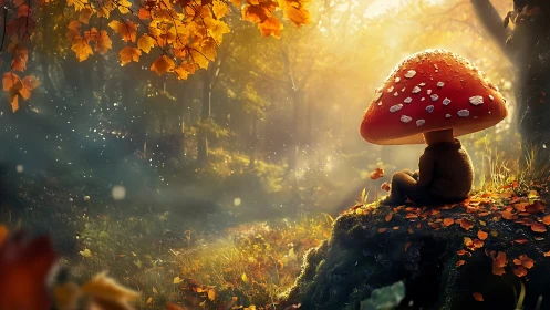 Mushroom-headed dreamer soaks in drifting autumn sunlight