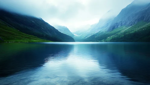 Clouded mountain valley is reflected across a still lake