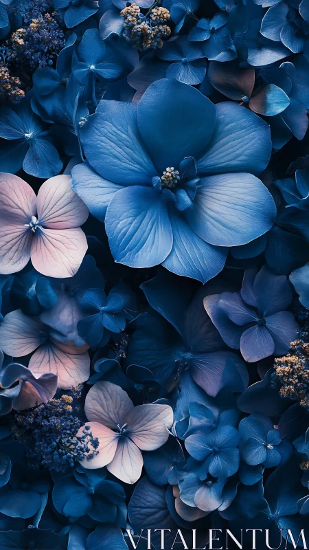 Blue Hydrangea Garden with Golden Accents and Soft Pink Blooms