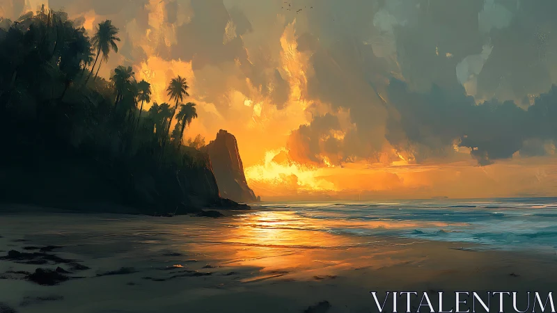 Tropical shoreline with vivid orange sunset sky and surf.