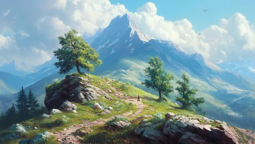 Hiker on sunlit mountain trail below towering peak.