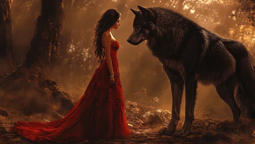 Enchanted woman in red gown confronting colossal wolf form.