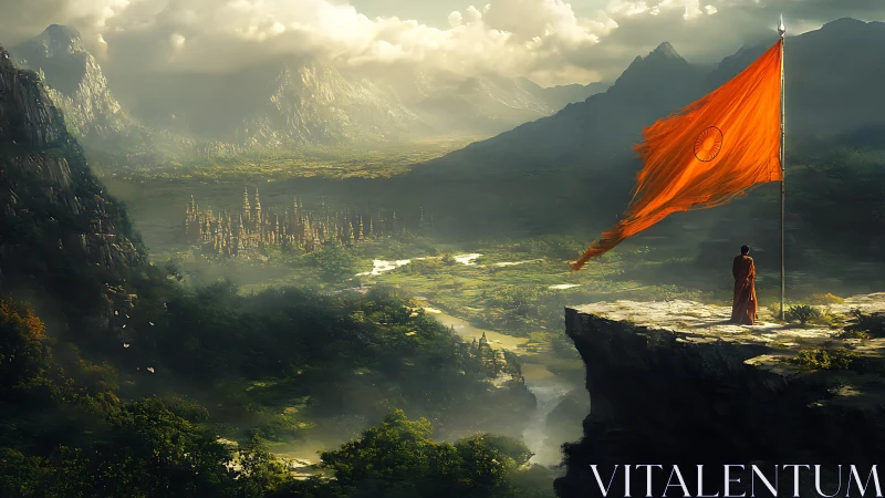 Monk on a cliff greeting a sunlit valley of shining spires.