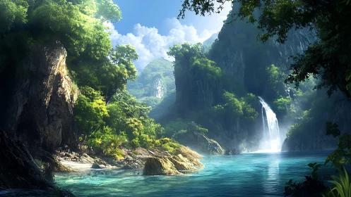 Tropical canyon lagoon with cascading waterfall scene.