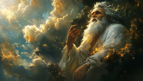 Celestial elder in luminous clouds with radiant golden embers.
