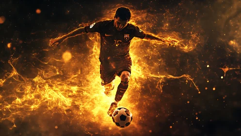 Soccer star in blazing motion, wrapped in swirling firelight.