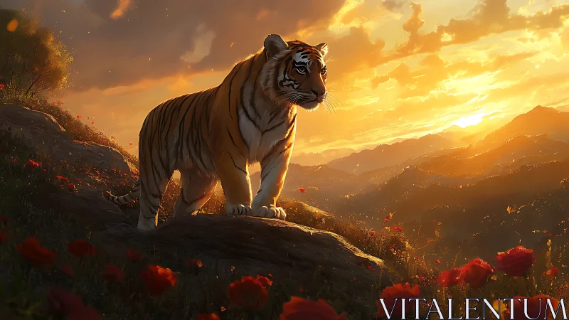Majestic tiger overlooking glowing sunset valley panorama.