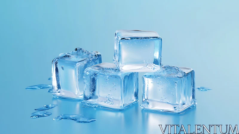 Crystal ice cubes glisten on cool blue surface in studio.