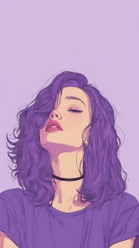 Purple haired woman tilts head in stylized minimal portrait