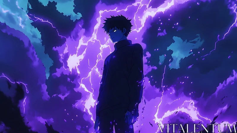 Electrified anime figure amid violet plasma storm clouds