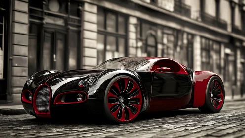 Black and red sports car rendered on cobblestone city street
