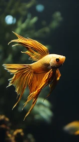 Golden betta fish with flowing fins in soft bokeh aquarium.