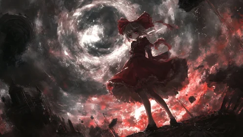 Crimson storm girl standing beneath a swirling apocalyptic sky.