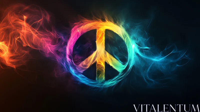 Luminous peace symbol burns in swirling neon flames.