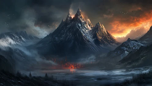 Fiery mountain peaks watching over a frozen, misty valley.