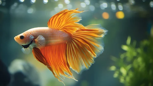 Orange betta fish swims in clear, softly lit aquarium
