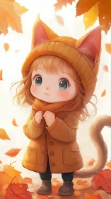 Cozy kitten-eared child wandering through gentle autumn light.