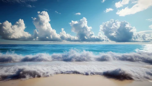 Highly detailed shoreline waves under cumuliform cloud deck at noon