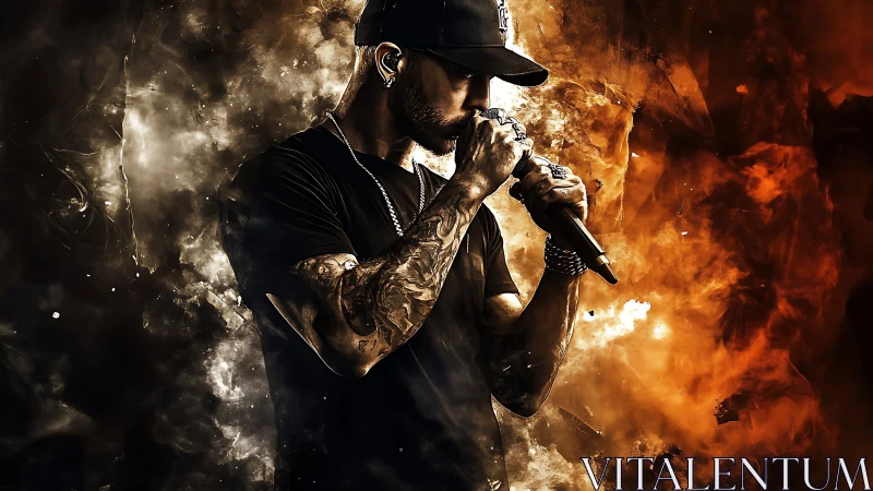 Tattooed rapper grips mic amid explosive fiery smoke