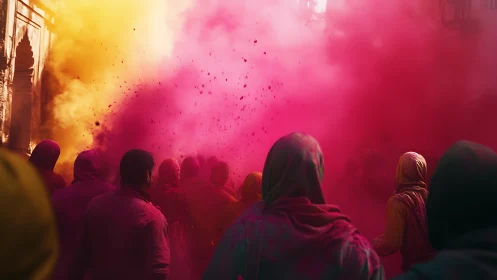 Crowd walks through vivid color clouds in festive street