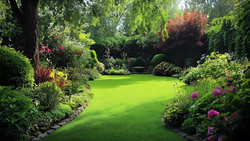 Sunlit garden lawn embraced by lush blooming borders.