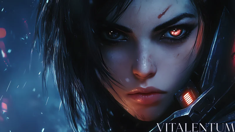 Fierce cybernetic warrior meets your gaze with glowing resolve