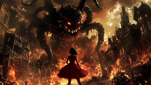 Girl confronts colossal demon above burning ruined cityscape.
