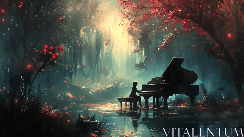 Solitary pianist plays grand piano in luminous forest pond