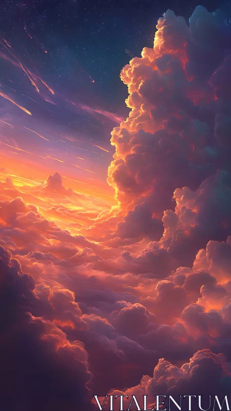 Vertical cloudscape depicts stratified sunset illumination