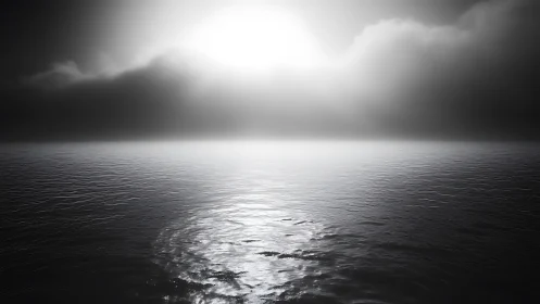Luminous horizon over calm monochrome sea at dawn.
