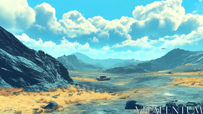 Futuristic rover crossing sunlit alien desert valley.