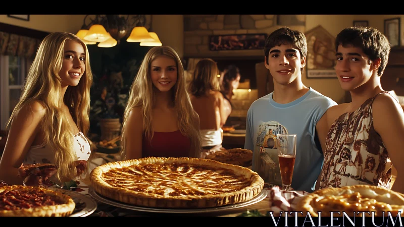 Friends share pizza and smiles in a warm rustic kitchen.