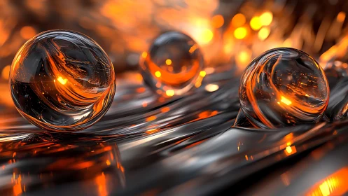 Molten orange glass spheres rest on reflective metallic surface