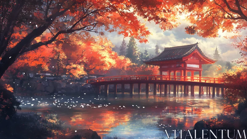 Red bridge and pavilion across reflective autumn lake scene.