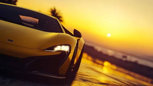 Yellow sports car cornering along wet beach at sunset.